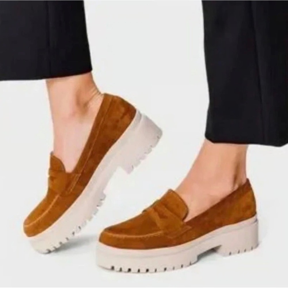 Patina Suede Lug Sole Penny Loafers Womens 11 Cognac Chunky Platform Shoes
